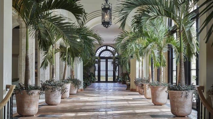 Palm trees in planters in the alley way inside the Four Seasons Hotel and Surf Club in Surfside, Florida, a top romantic getaway. 