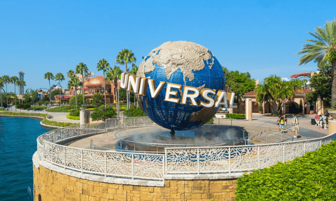 Universal Studios globe with blue skies, green palm trees, and blue water. An example of what to see when visiting Florida for vacation