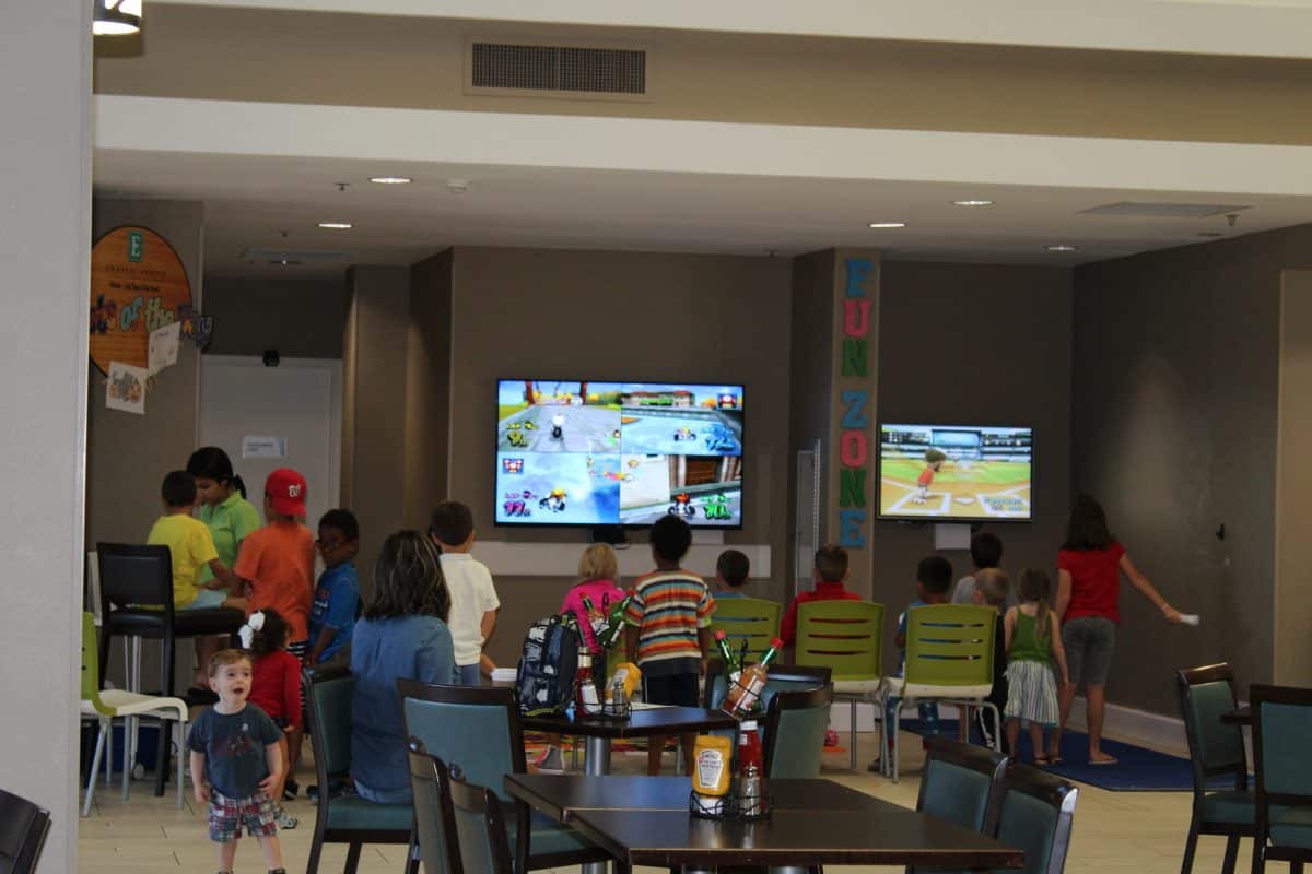 From Wii games to pizza to meeting new friends, the kids area at the Embassy Suites is fun