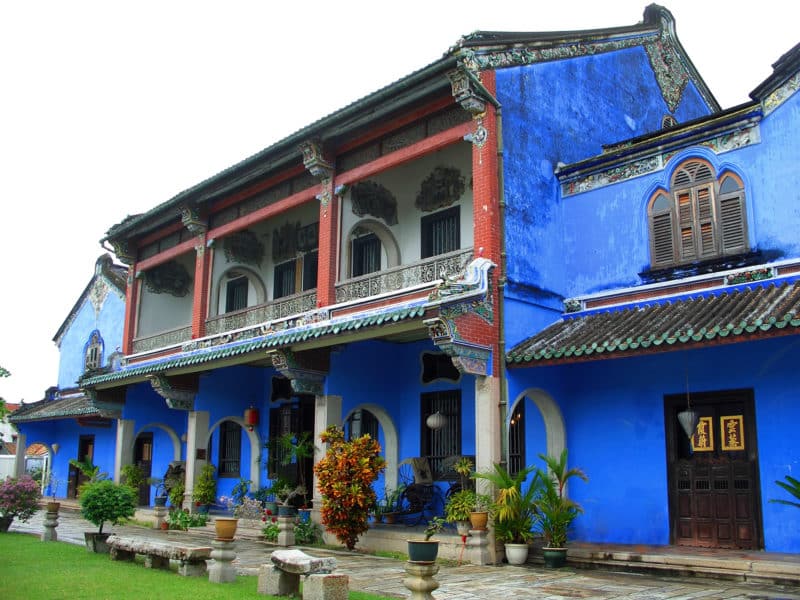 Chinese blue mansion with red accents