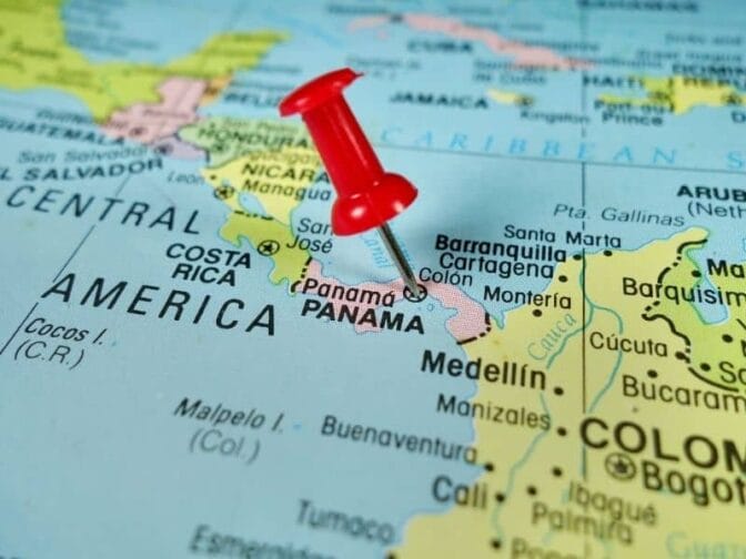 Map of South America with a red thumbtack over Panama