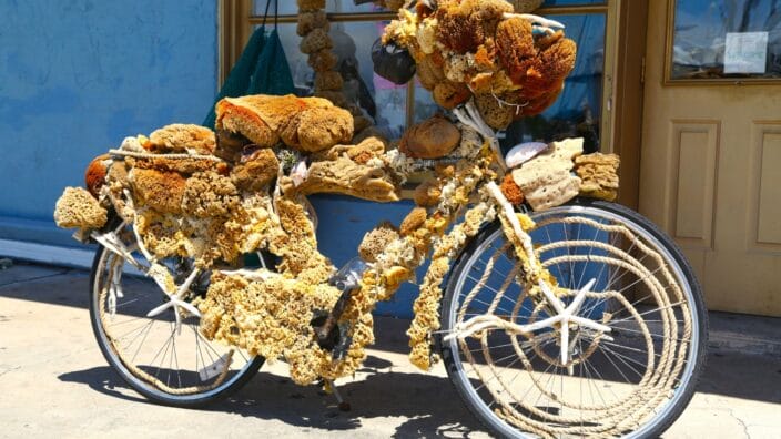 A bike covered with sponges in Tarpon Springs, Florida, an example of florida weekend getaways location