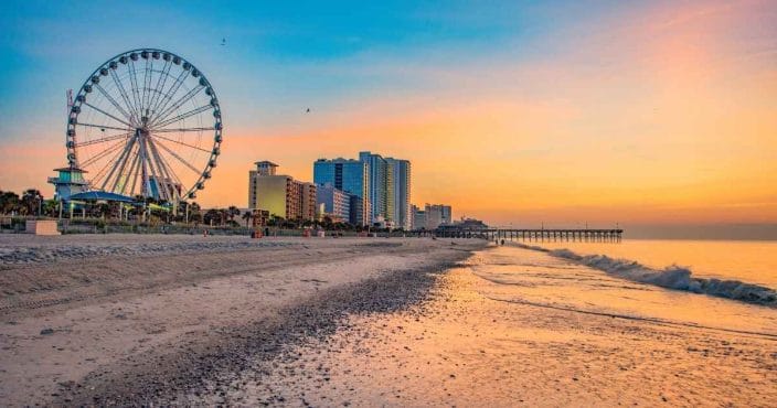Myrtle Beach at sunset, an example of one of the best cheap romantic getaways