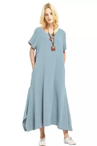 Anysize Linen Cotton Soft Loose Spring Summer Dress Plus Size Clothing F126A Light Blue