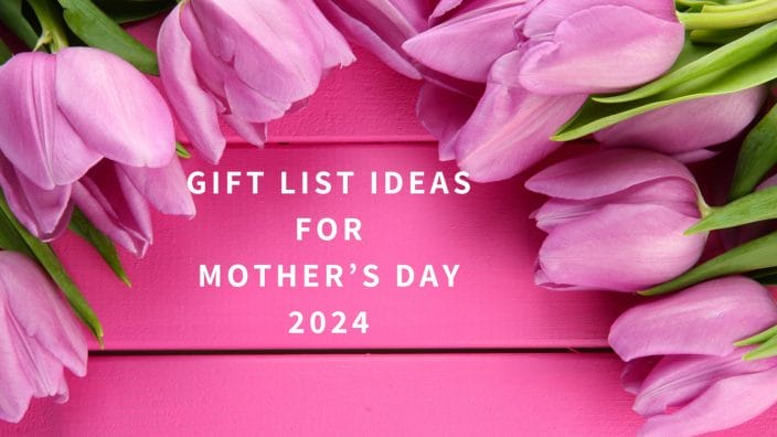 Pink flowers on a deep pink table for this Mother's Day gift guide with 26 Mother's Day gifts